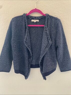 LOFT Navy and White Fringed Open-Front Cardigan